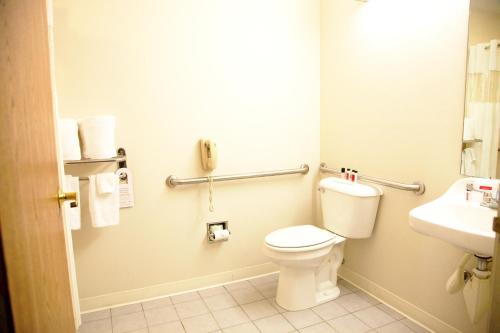 a bathroom with a toilet and a sink at Ramada by Wyndham Bloomington I-55 and I-74 IL in Bloomington