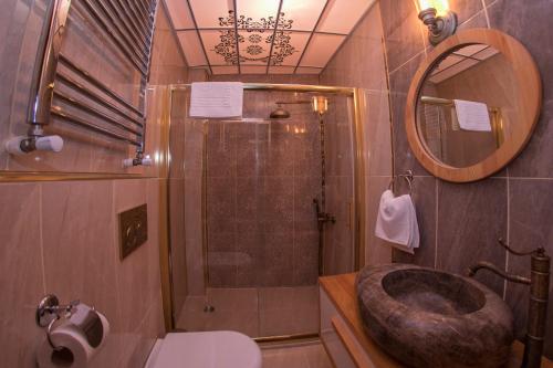 a bathroom with a shower and a sink and a toilet at BAYEZİD HAN KONAK in Amasya