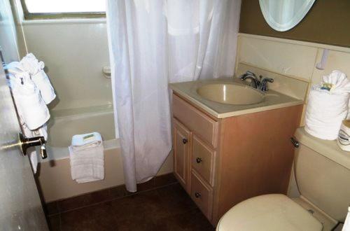 uma casa de banho com um lavatório, um WC e um chuveiro em Silver Seas Beach Resort em Fort Lauderdale