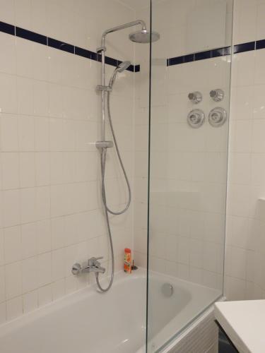 Private Rooms in Prenzlauerberg في برلين: حمام مع دش مع باب زجاجي