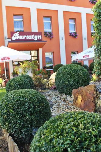 a garden with bushes in front of a building at Hotel Bursztyn in Kalisz