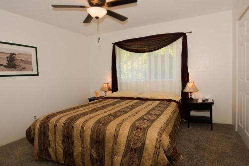a bedroom with a bed with a window and a ceiling fan at Humble Home in Hawaii in Ainaloa
