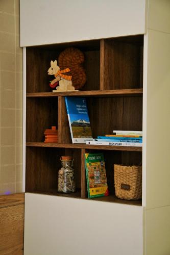 a book shelf with books and other items on it at Trio Tatry in Smokovce