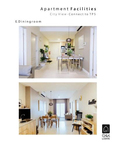 2 fotos de una cocina y una sala de estar en GAIA Lodge Tunjungan Surabaya, en Surabaya