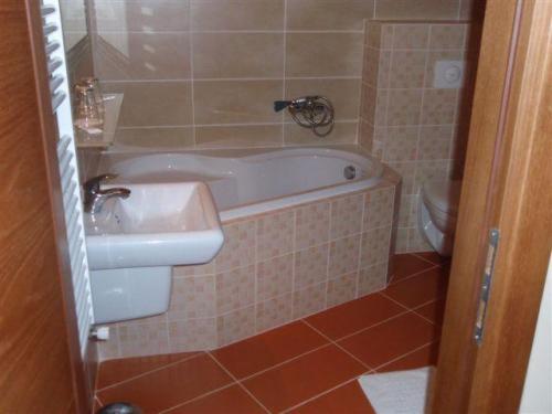 a bathroom with a tub and a sink and a toilet at Hotel Galileo in Žilina