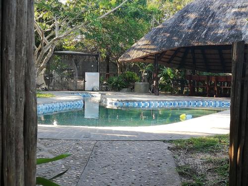einen Pool mit Sonnenschirm neben einem Resort in der Unterkunft Maputaland Lodge in Manguzi