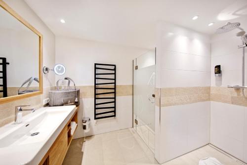 a bathroom with a shower and a sink at Jordan's Untermühle in Köngernheim