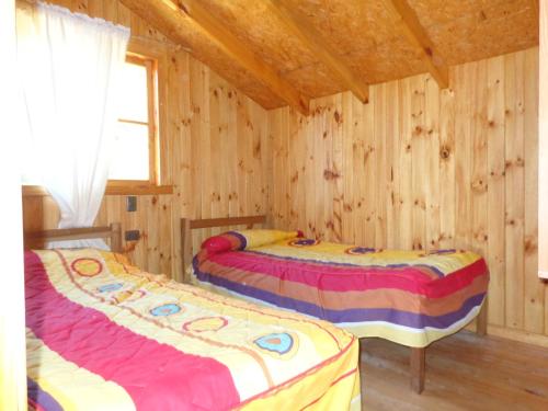 two beds in a room with wooden walls at Cabanas de Monasterio in Puerto Clocker