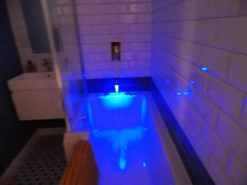 a bath tub with blue lighting in a bathroom at Fryers Cottage in Richmond
