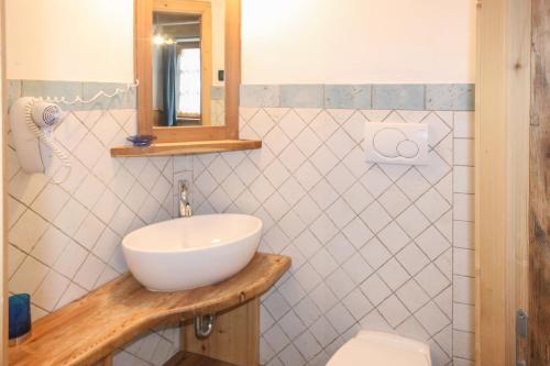 a bathroom with a sink and a mirror and a toilet at Tabià Elisa in Campitello di Fassa