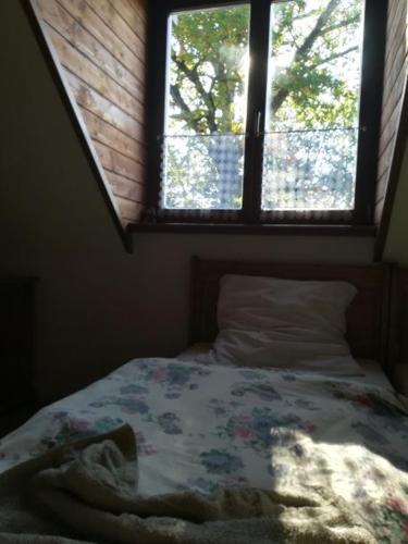 a bed in a bedroom with a window and a comforter at Dwa Dęby in Lubawka