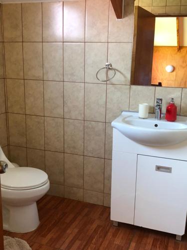 La salle de bains est pourvue de toilettes et d'un lavabo. dans l'établissement Cabañas Anavai Rapa Nui, à Hanga Roa