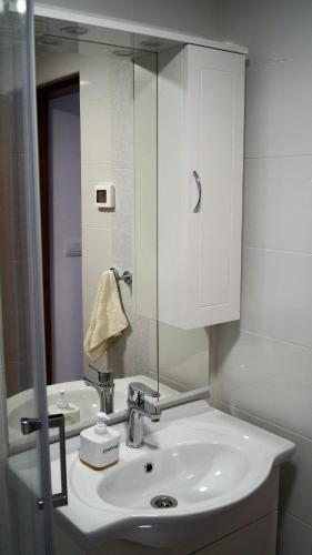 a bathroom with a white sink and a mirror at Apartmani Vila Angelina in Selce