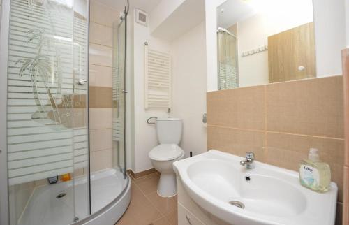 a bathroom with a toilet and a sink and a shower at Old Town - Ultra Central Apartment in Bucharest