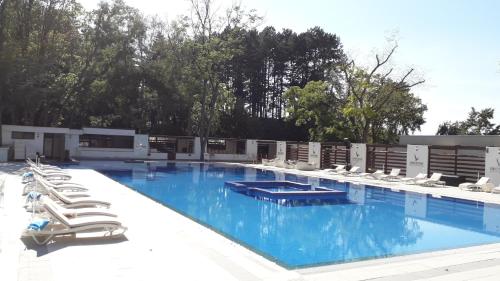 a large swimming pool with lounge chairs at Park Golden Beach Tasevski in Ohrid