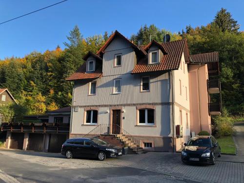 a house with two cars parked in front of it at Zum waldfrieden in Neuhof