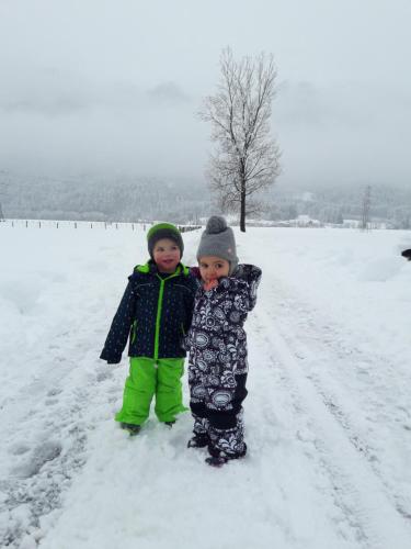 two young children are standing in the snow at Fewo's Sieberer in Kirchbach