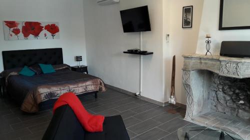 a living room with a bed and a fireplace at La Bastide Cévenole in Rochegude-Gard
