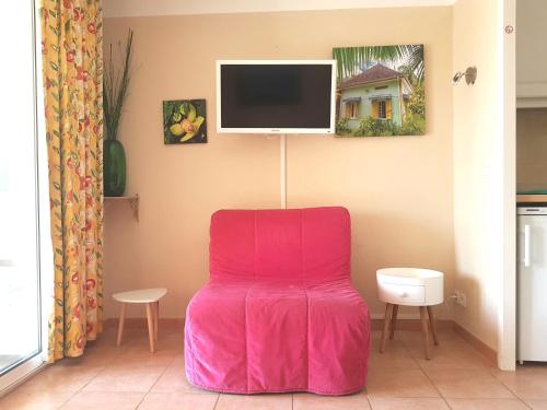 une chaise rose assise dans une pièce avec une télévision dans l'établissement Les Ecrins de la Badine - hameaux, à Hyères