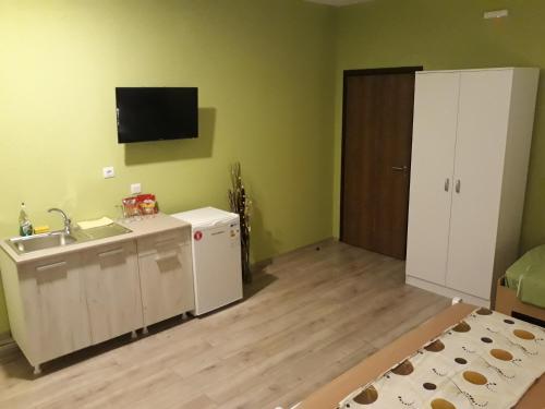a small kitchen with a sink and a tv on the wall at Vila & Apartments MATEA in Gevgelija