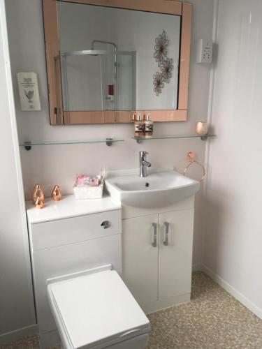 a bathroom with a sink and a toilet and a mirror at Sorrento House in Blackpool