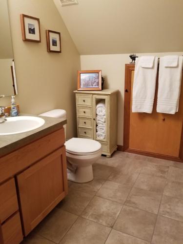 a bathroom with a toilet and a sink at Cozy Studio Apartment in Greenwater