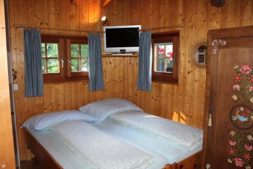 a bedroom with a bed with a tv on the wall at Rehli in Blatten bei Naters