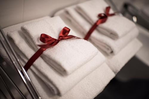 ポテンツァにあるB&B La Vetta -petite SPA-の冷蔵庫の上に赤い弓付きタオル2枚
