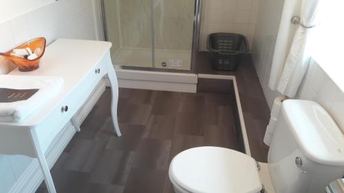 a bathroom with a toilet and a sink and a shower at Blueberry Two Bedroom Suite for 1, 2 or 3 people in Douglas