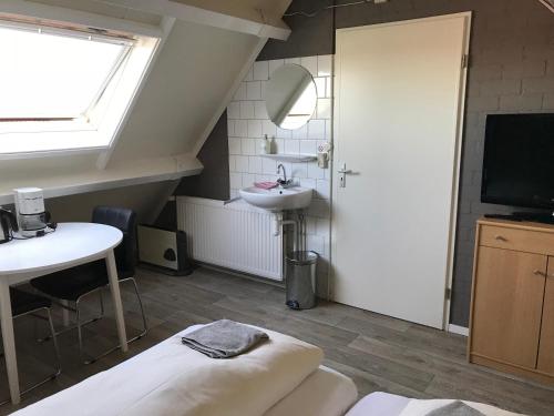 a bathroom with a sink and a toilet and a mirror at Hofstede Elzenoord in Vrouwenpolder
