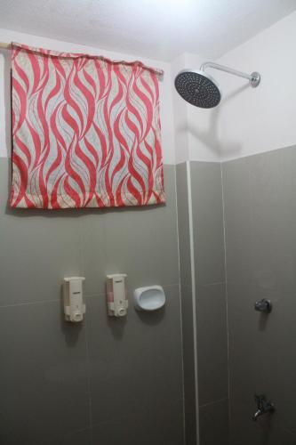 a bathroom with a shower with a red and white towel at Mayon Lodging House in Legazpi