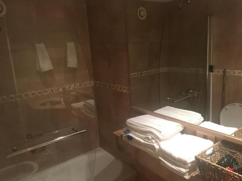 baño con ducha y un montón de toallas en Rancho Porteño, en Buenos Aires