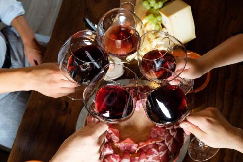 a group of people holding wine glasses on a table at Wine Hotel San Giacomo Activity & Wellness in Paderno del Grappa