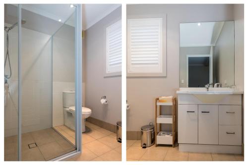 two pictures of a bathroom with a toilet and a sink at The Edgewater on Greville in Sanctuary Point