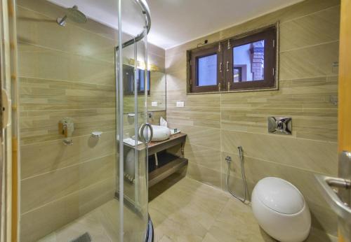 a bathroom with a shower with a toilet and a sink at Hotel Village Walk in Sonāmarg
