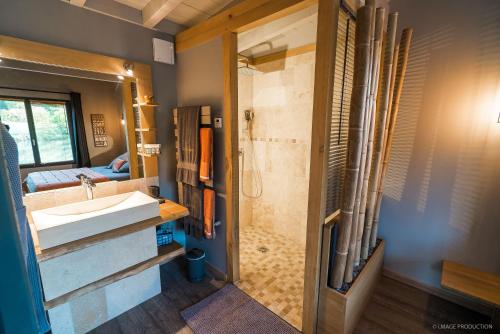 y baño con ducha, lavabo y espejo. en LACabane Lodge Nature, en Saint-Vivien