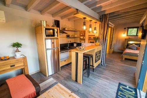 - une cuisine avec un réfrigérateur et une table dans la chambre dans l'établissement LACabane Lodge Nature, à Saint-Vivien