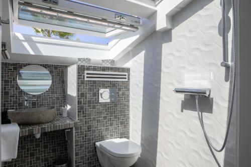 ein Badezimmer mit einem WC, einem Waschbecken und einem Dachfenster in der Unterkunft VbyOnyx in Olmeto