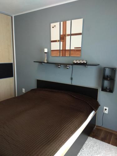 a bedroom with a bed with a mirror on the wall at Apartmán Terchová in Terchová