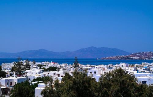 a view of a white city and the ocean at Semeli Hotel Mykonos in Mýkonos City