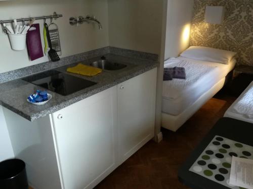 a kitchen with a sink and a bed in a room at Apart-Hotel Heiligenthaler Hof in Landau in der Pfalz