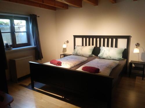 ein Schlafzimmer mit einem Bett mit zwei Kissen und einem Fenster in der Unterkunft FeWo LoLa in Rust