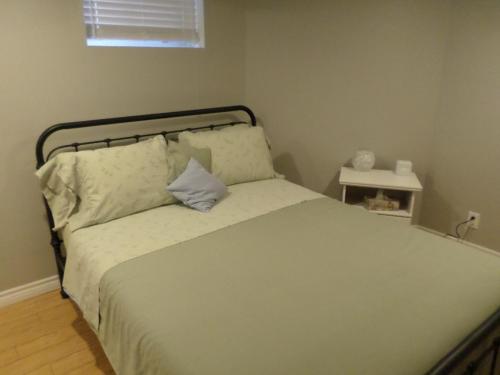 a bedroom with a bed with a pillow on it at Fantastic and Modern Downtown 1-Bed Basement Apt., parking Wi-Fi and Netflix included in Ottawa