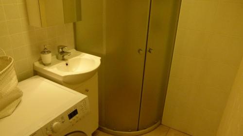 ein kleines Bad mit einem Waschbecken und einem WC in der Unterkunft Studio Apartment in Pärnu