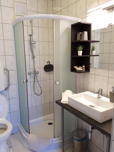 uma casa de banho com um lavatório, um chuveiro e um WC. em Princess Vendégház em Eger