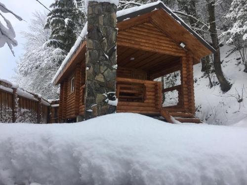 a log cabin in the snow with a pile of snow at Sadyba Pikuy in Bilasovytsya