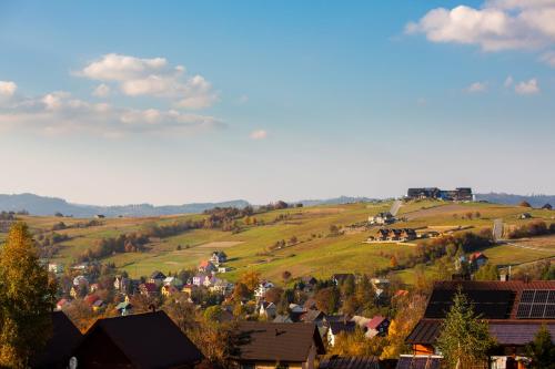 a small town on a hill with green fields at Domki na Beskidzie 1861 in Istebna