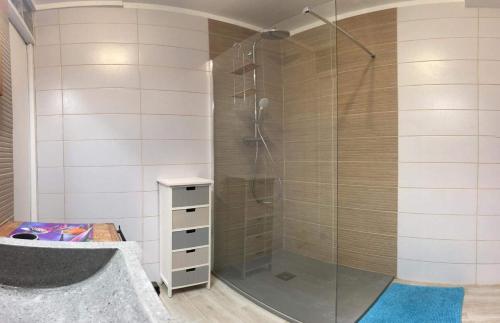 eine Dusche mit Glastür im Bad in der Unterkunft Les Balisiers in Les Anses-dʼArlets