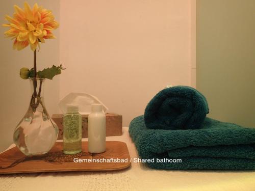 La salle de bains est pourvue d'une serviette verte et d'un vase avec une fleur. dans l'établissement Hamburg Center Island, à Hambourg
