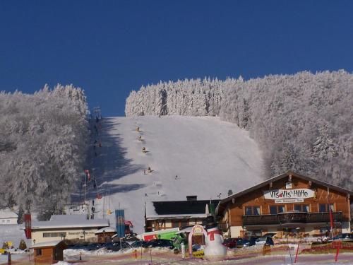 a ski lodge with snow covered trees on a ski slope at Ferienwohnung Sommerwind in Willingen